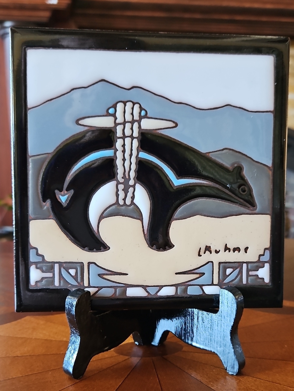 Vtg 1990 Earthtones Southwestern Art Tile Trivet, Signed L Kuhne